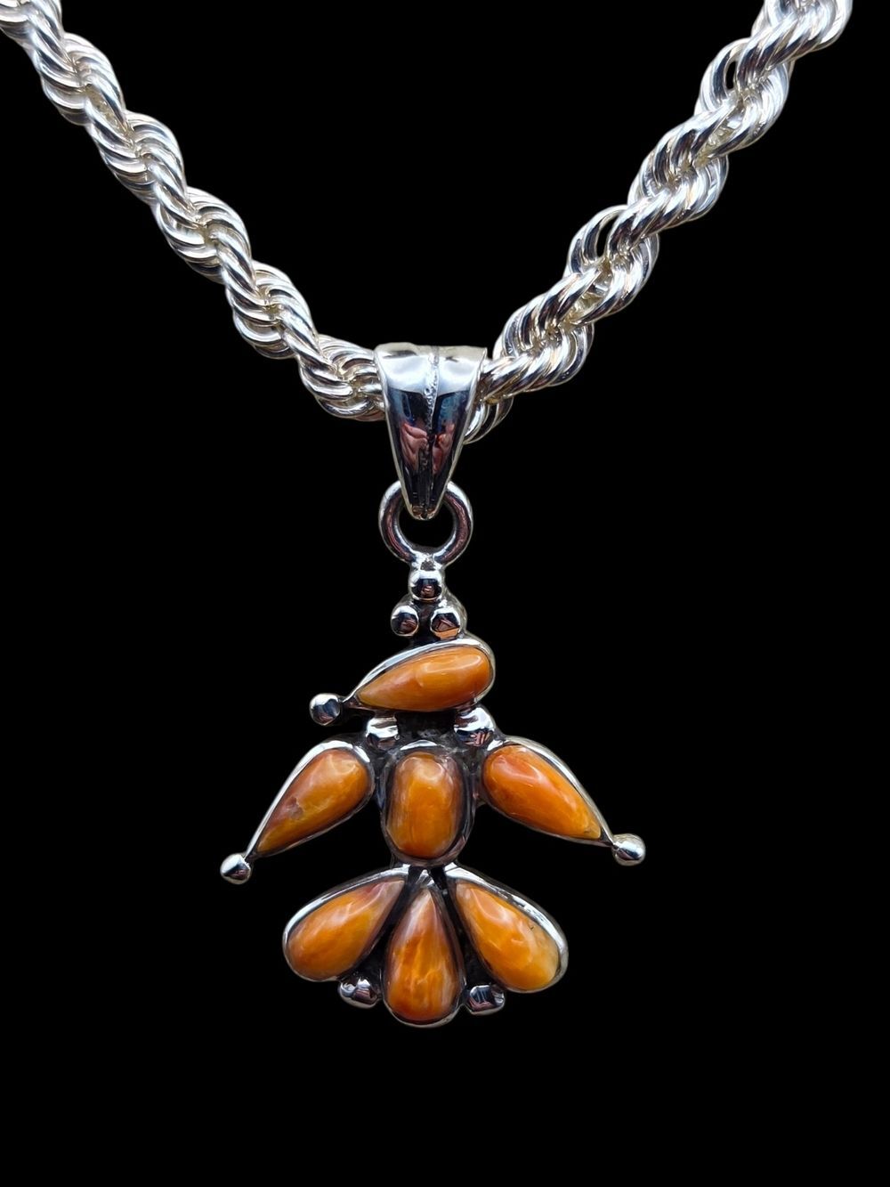 Southwest Sterling Silver Orange Spiny Oyster Floral Pendant Peyote Bird
